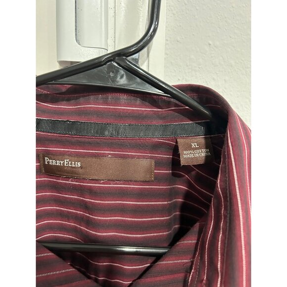 Perry Ellis Mens Red & White Striped Long Sleeve Button-Up Shirt XL 100% Cotton - Picture 5 of 8